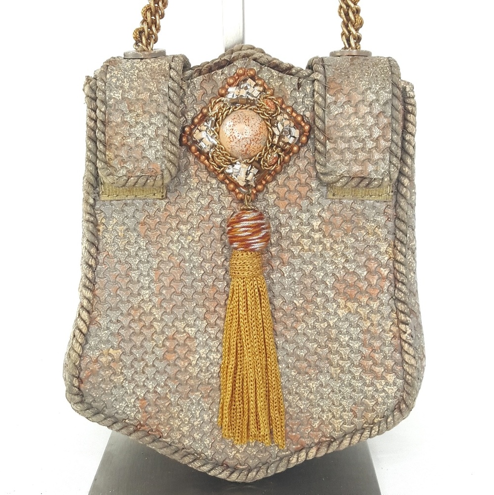 Vtg Textured Beaded Chain Link Purse with Tassel